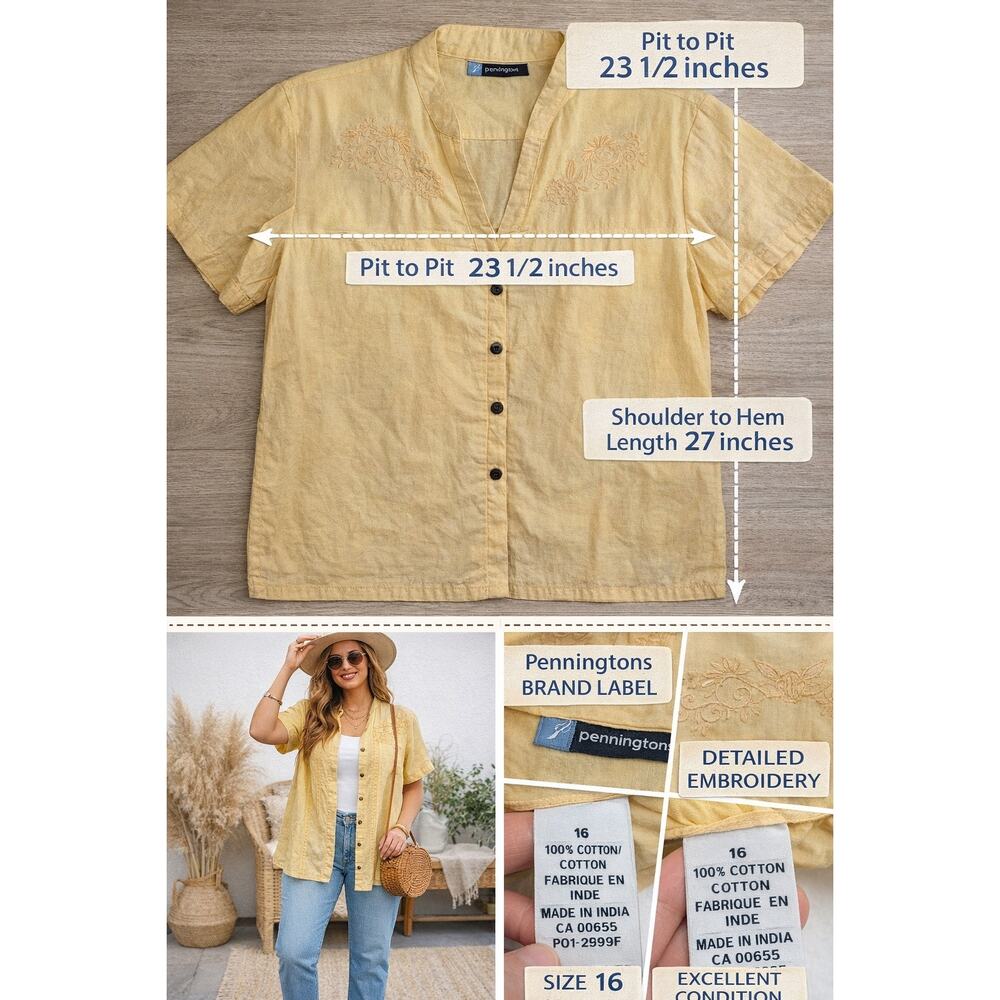Penningtons 16 Butter Yellow Boho Embroidered Cotton Blouse Cottagecore